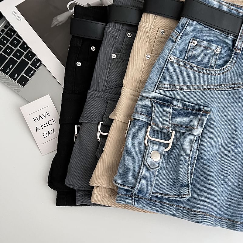 High Waist Mini Denim Cargo Skort