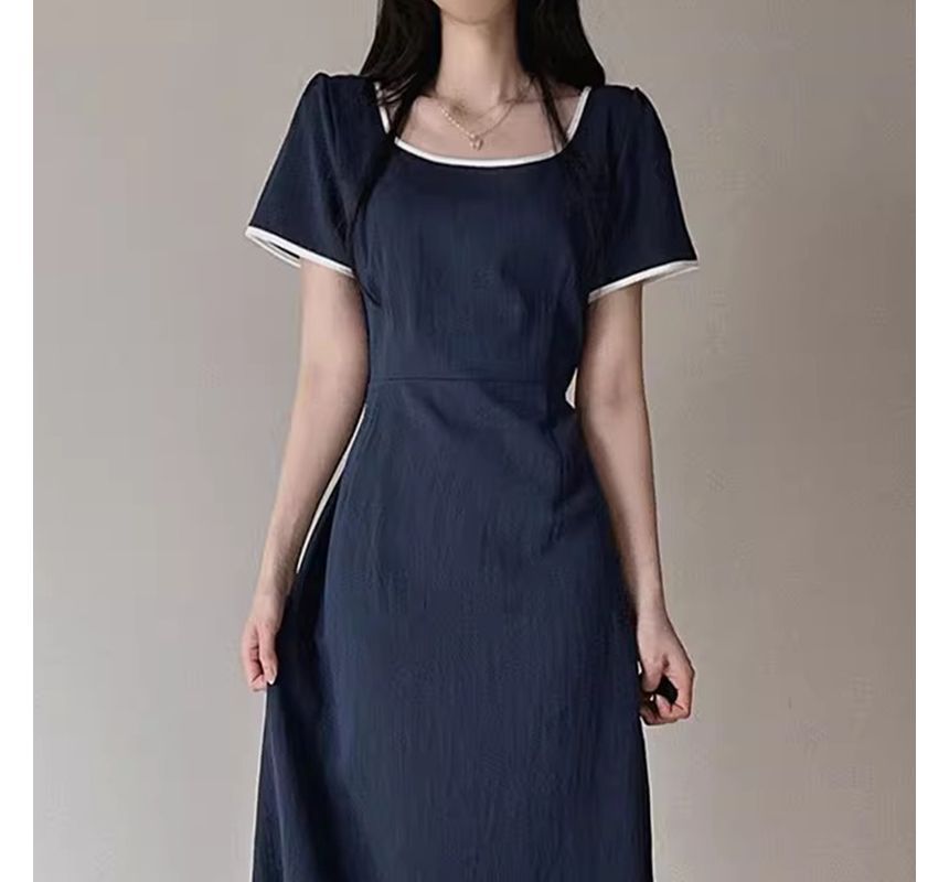 Short-Sleeve Square Neck Contrast Trim Midi A-Line Dress