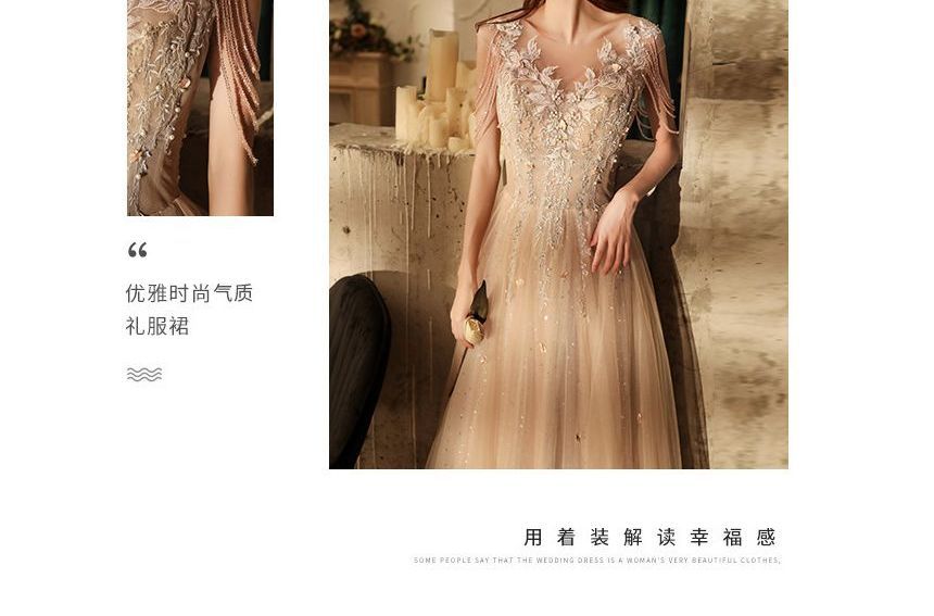 Short-Sleeve V-Neck Lace A-Line Evening Gown