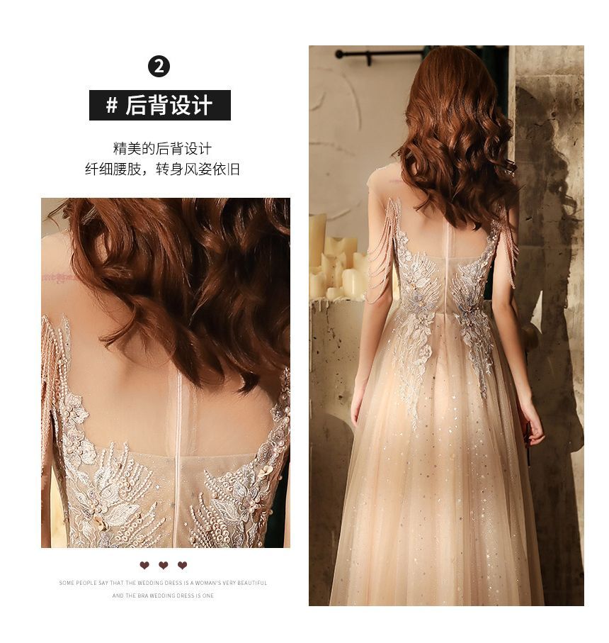 Short-Sleeve V-Neck Lace A-Line Evening Gown