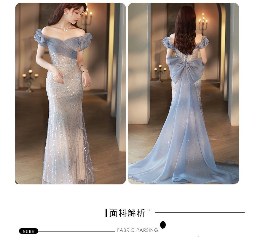Gown Off Trained Mesh A-Line Shoulder Evening