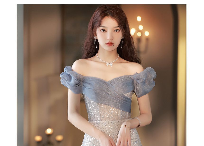 Gown Off Trained Mesh A-Line Shoulder Evening