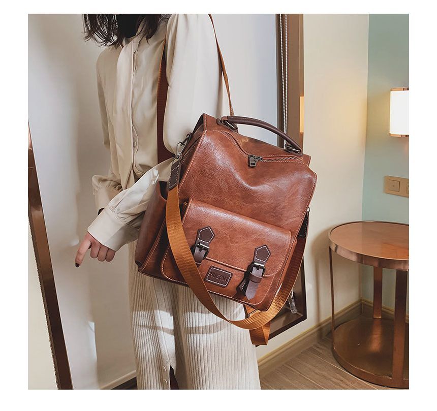 Faux Leather Buckled Backpack