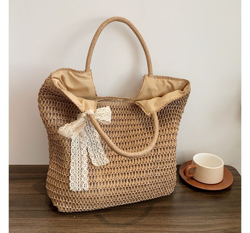 Lace Bow Woven Tote Bag