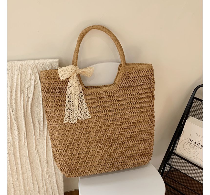 Lace Bow Woven Tote Bag