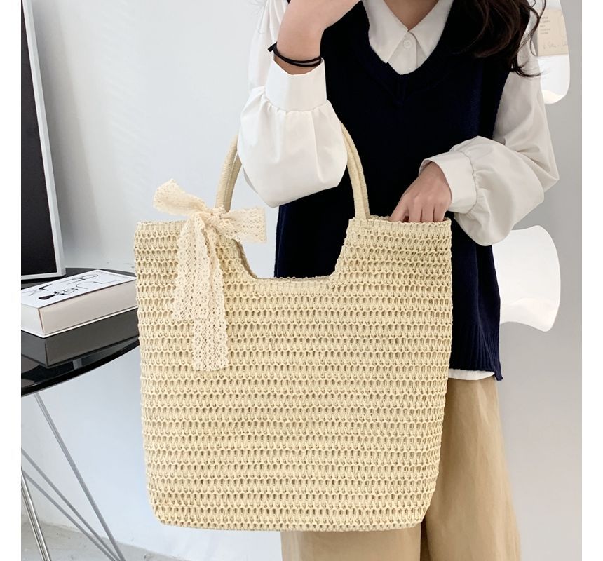 Lace Bow Woven Tote Bag