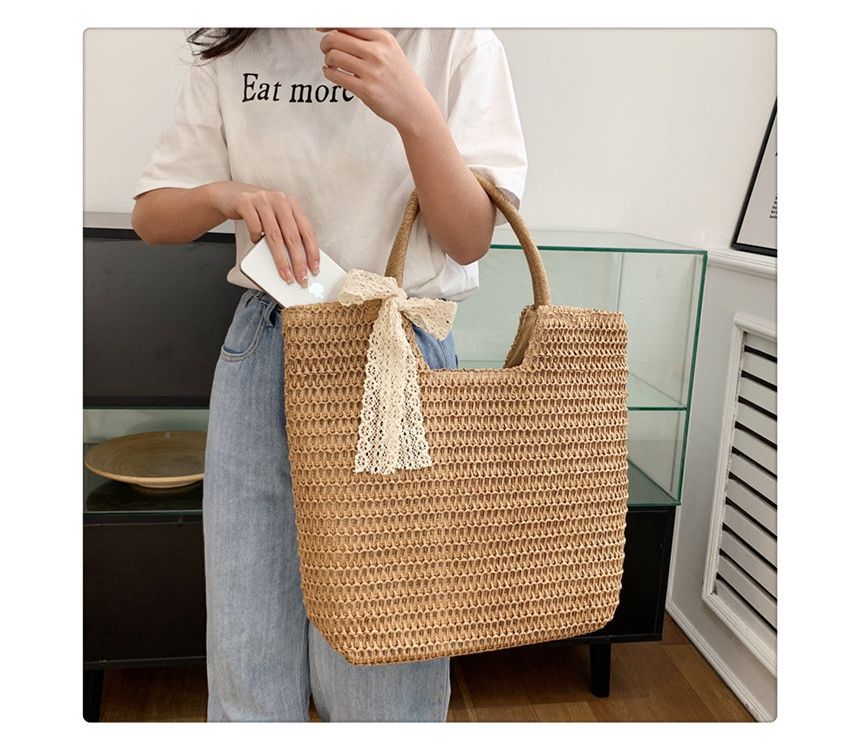 Lace Bow Woven Tote Bag