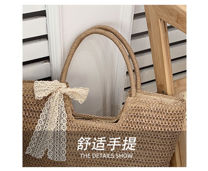 Lace Bow Woven Tote Bag