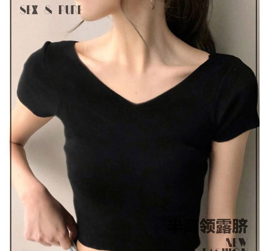 Plain T-Shirt Short-Sleeve Cropped V-Neck