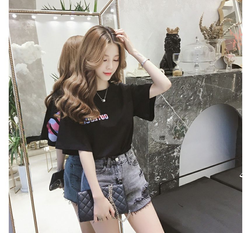 T-Shirt Neck Crew Lettering Short-Sleeve