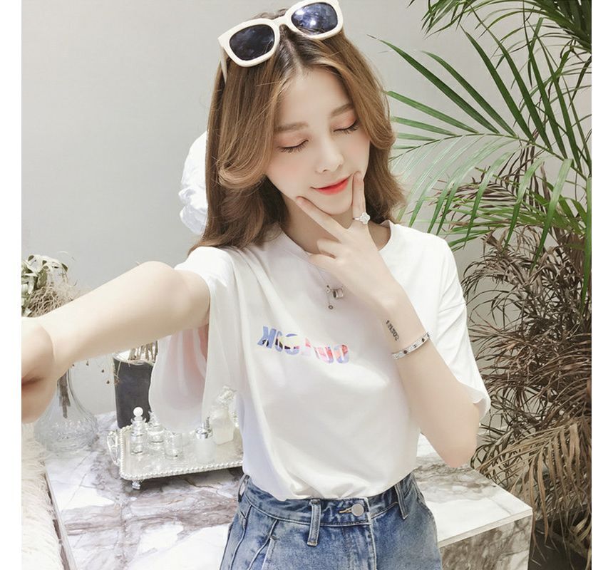 T-Shirt Neck Crew Lettering Short-Sleeve