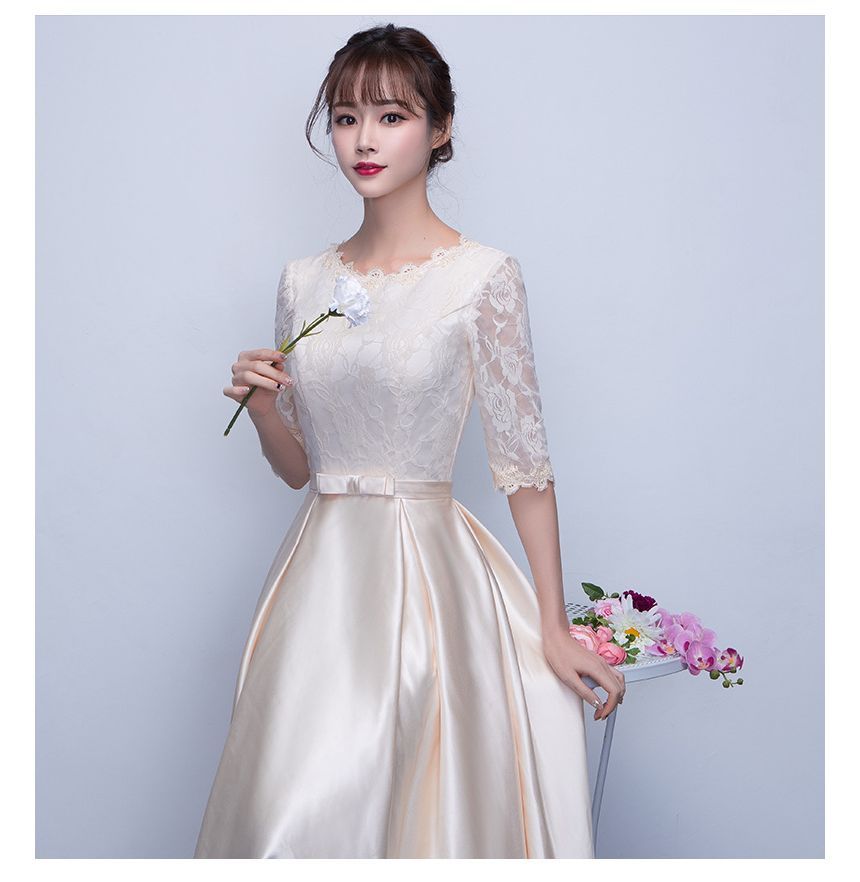 Elbow-Sleeve Round Neck Bow Panel Lace Satin A-Line Evening Dress