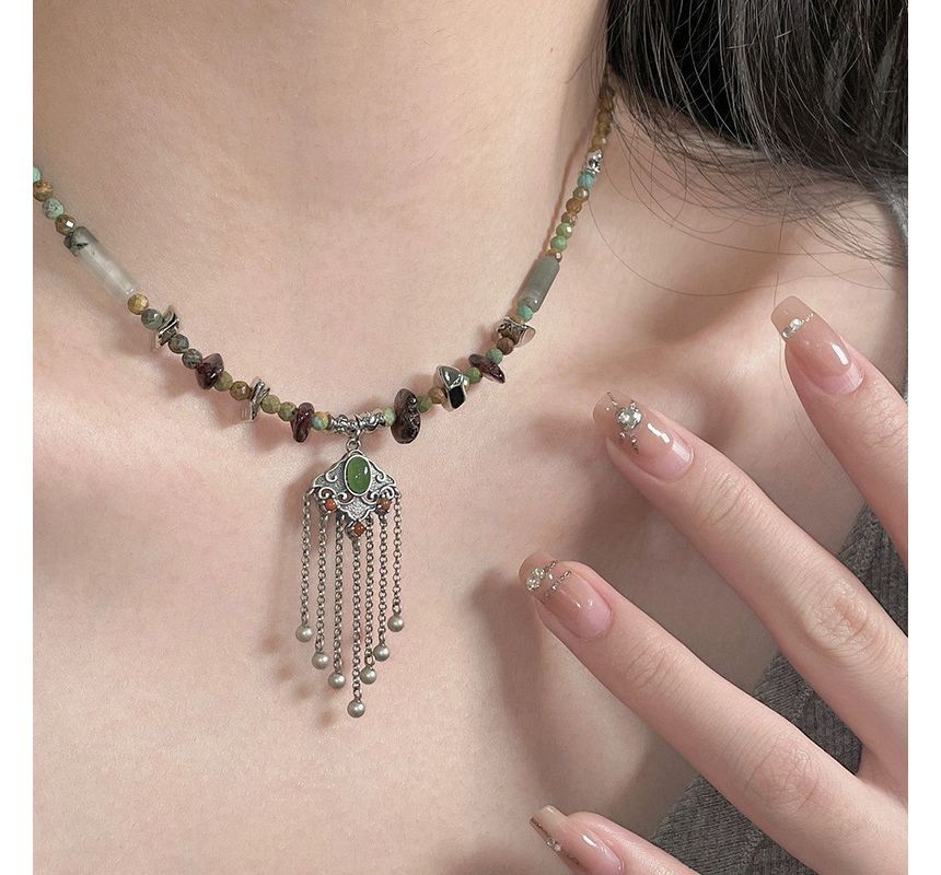 Lock Fringed Pendant Faux Gemstone Alloy Choker