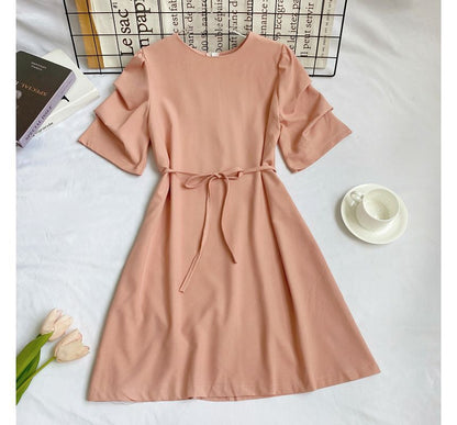 Elbow-Sleeve Crewneck Plain A-Line Dress