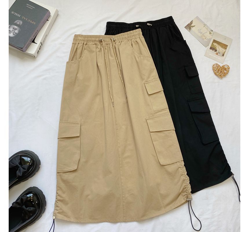 High Waist Plain Midi A-Line Cargo Skirt