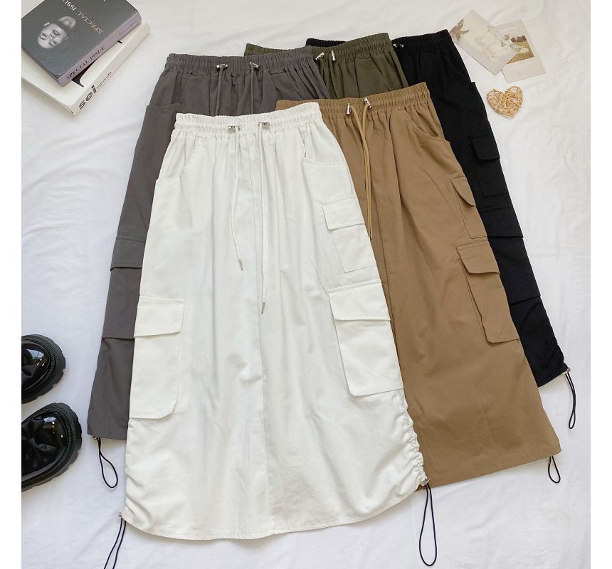 High Waist Plain Midi A-Line Cargo Skirt