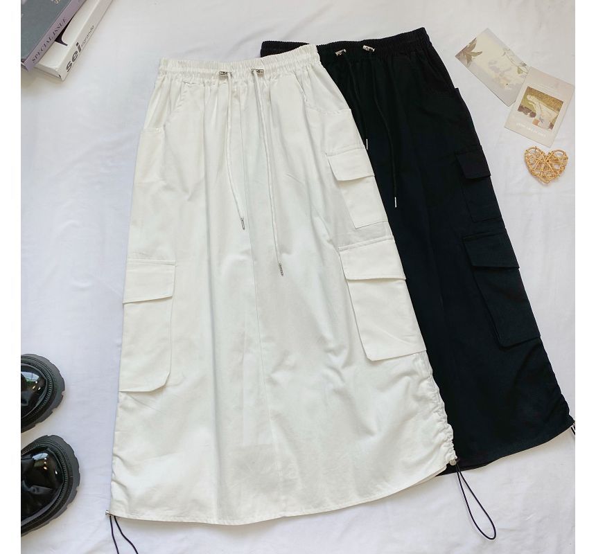 High Waist Plain Midi A-Line Cargo Skirt