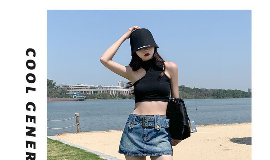 High Waist Washed Denim Skorts