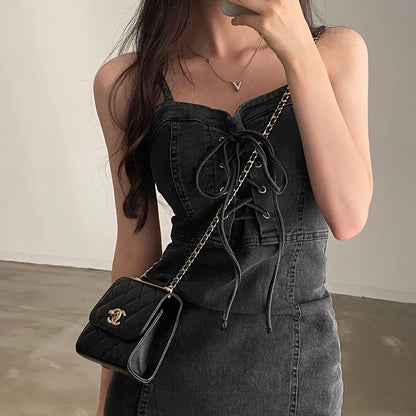 Spaghetti Strap Lace Up Mini Sheath Denim Dress