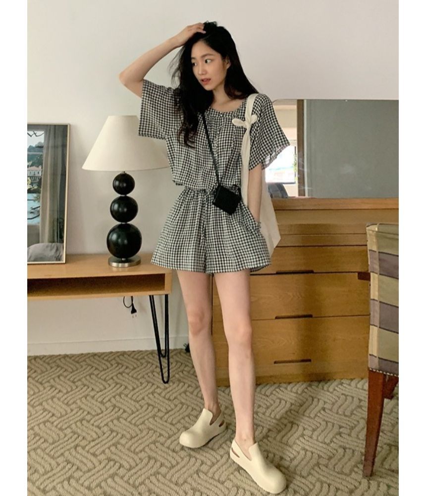Short-Sleeve Round Neck Plaid Mock Two Piece Button Romper