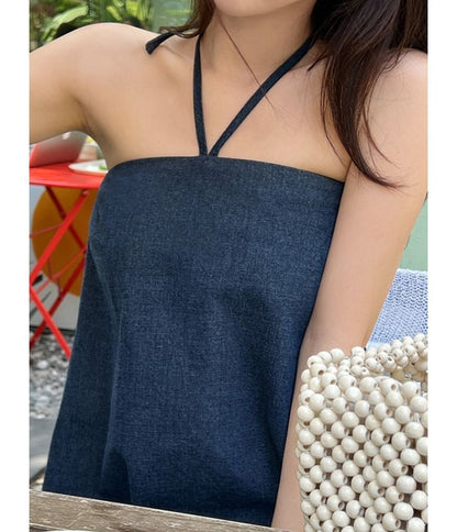 Halter Washed Mini A-Line Denim Dress