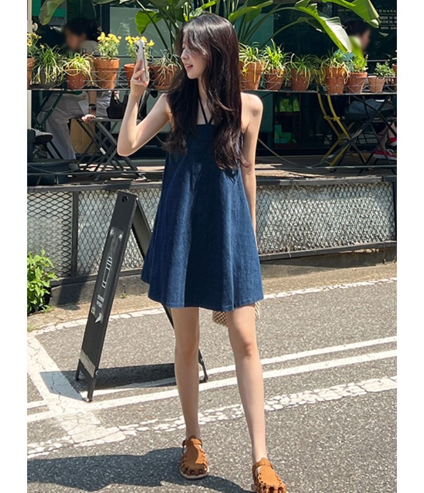 Halter Washed Mini A-Line Denim Dress