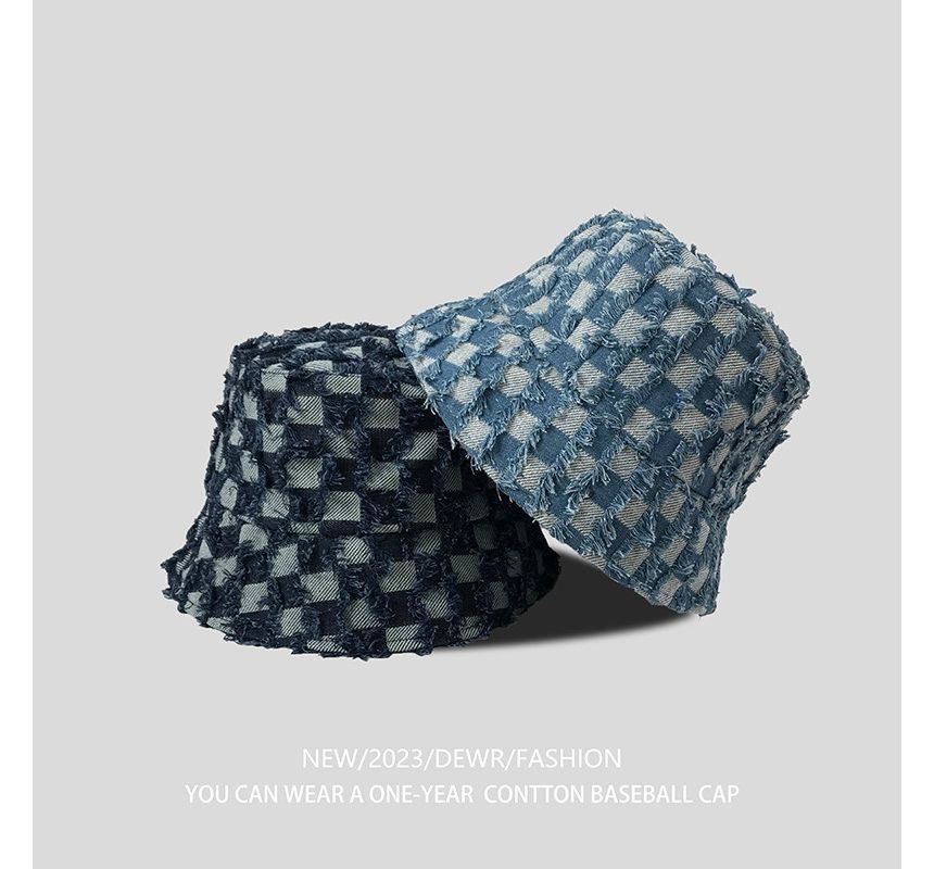 Bucket Denim Checker Fringed Hat