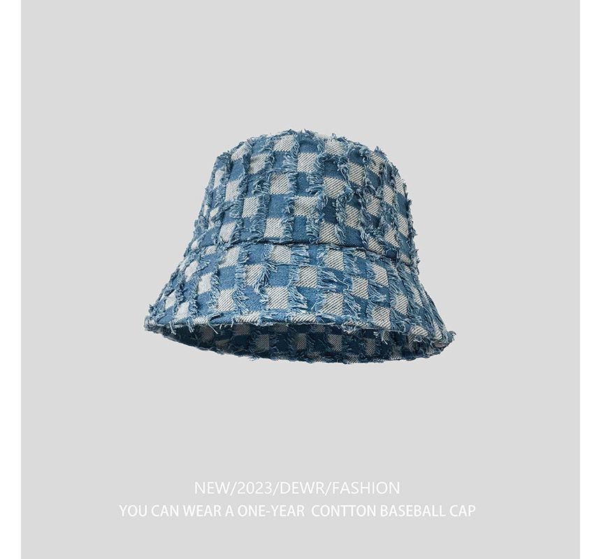 Bucket Denim Checker Fringed Hat
