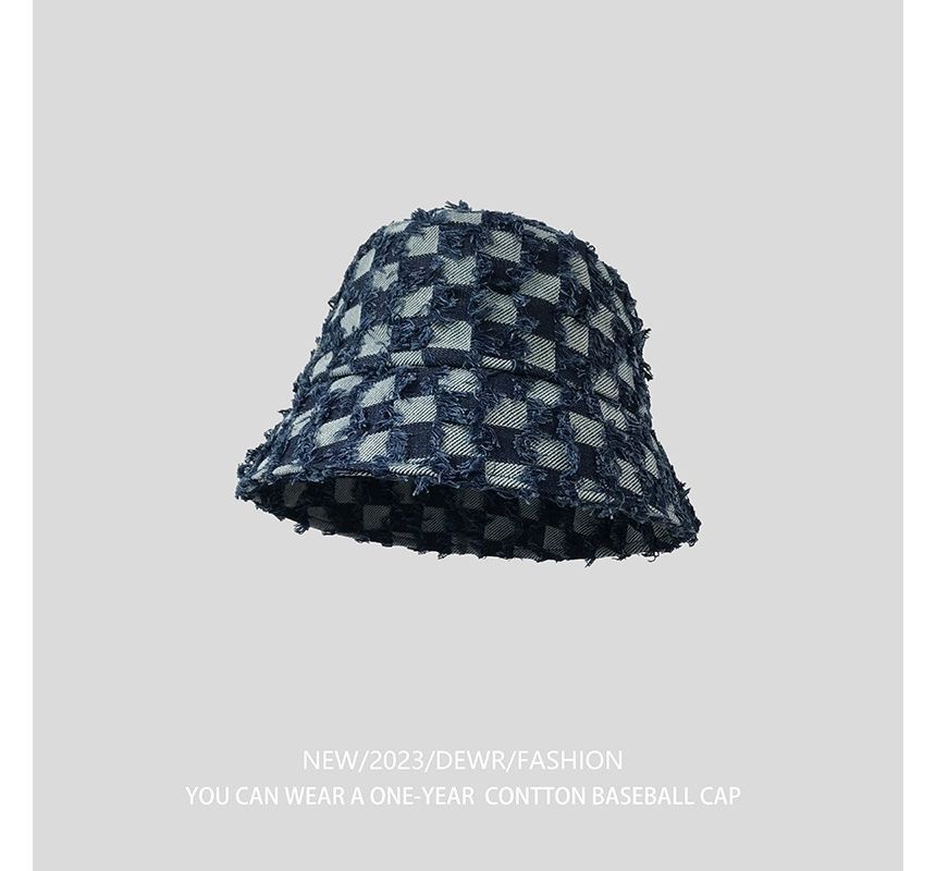 Bucket Denim Checker Fringed Hat