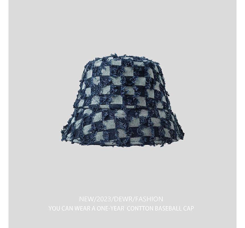 Bucket Denim Checker Fringed Hat
