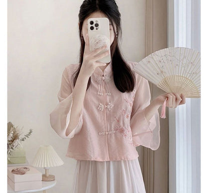 Flare-Sleeve Frog Buttoned Plain Blouse / High Waist Midi A-Line Skirt