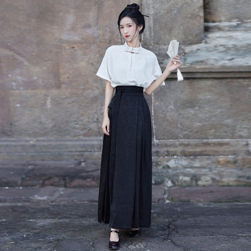 Short-Sleeve Stand Collar Plain Blouse / High Rise Maxi A-Line Skirt