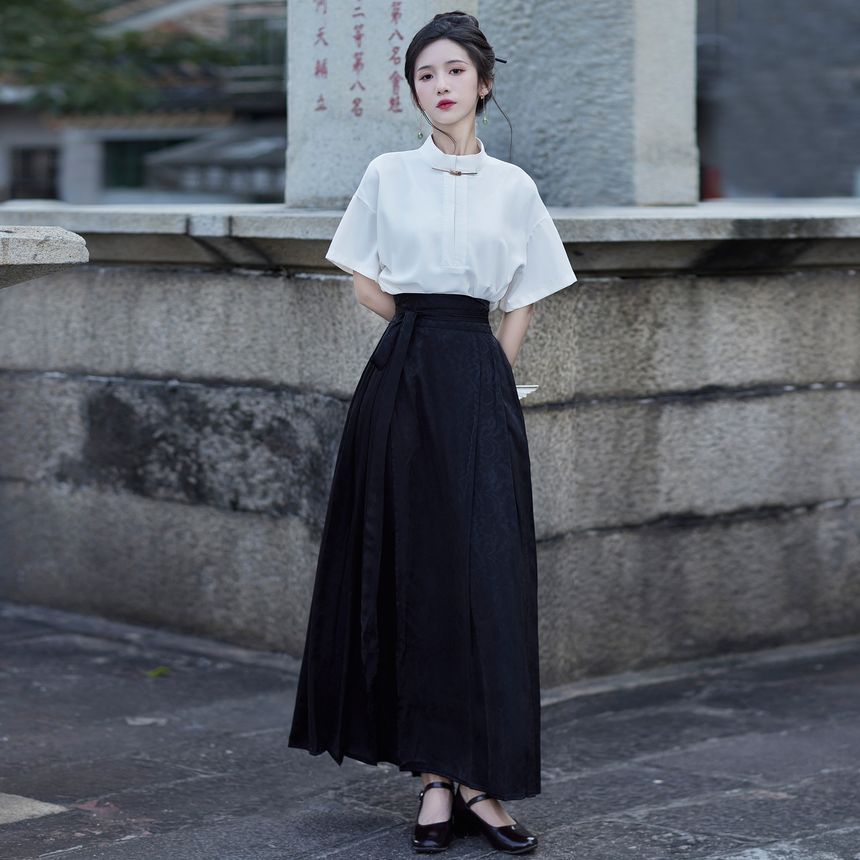 Short-Sleeve Stand Collar Plain Blouse / High Rise Maxi A-Line Skirt