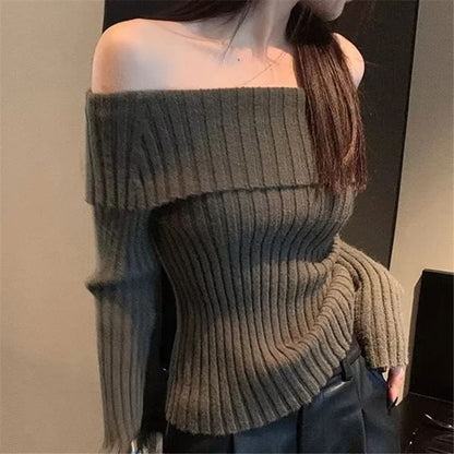 Long Sleeve Off-Shoulder Plain Ribbed-Knit Sweater