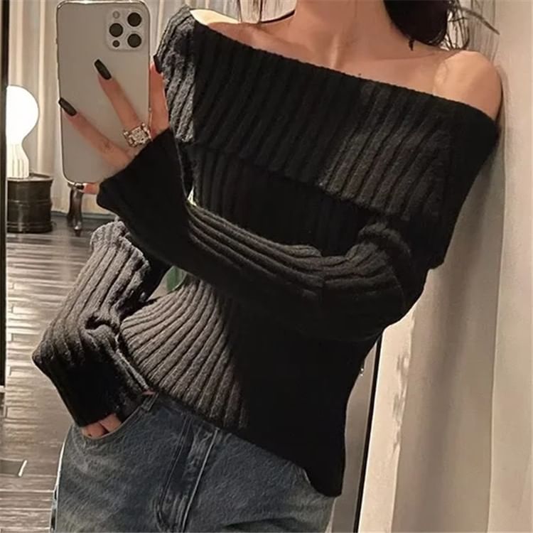 Long Sleeve Off-Shoulder Plain Ribbed-Knit Sweater