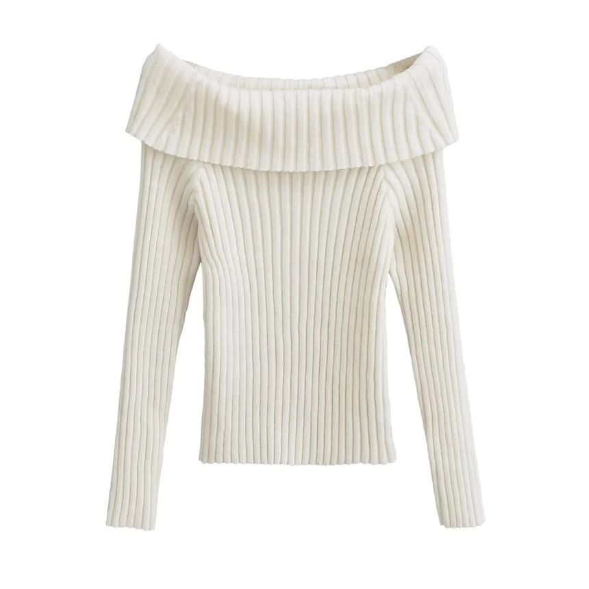 Long Sleeve Off-Shoulder Plain Ribbed-Knit Sweater