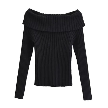 Long Sleeve Off-Shoulder Plain Ribbed-Knit Sweater