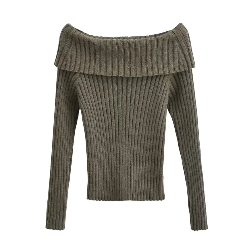 Long Sleeve Off-Shoulder Plain Ribbed-Knit Sweater