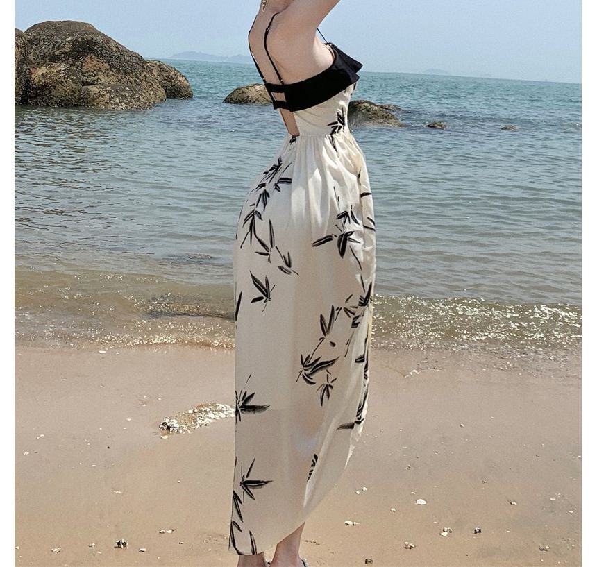 Spaghetti Strap Leaf Print Front-Slit Midi A-Line Dress