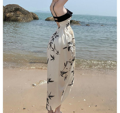 Spaghetti Strap Leaf Print Front-Slit Midi A-Line Dress