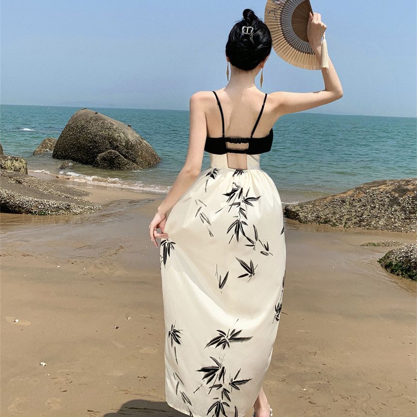 Spaghetti Strap Leaf Print Front-Slit Midi A-Line Dress