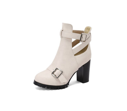 Buckled Cutout Chunky Heel Ankle Boots