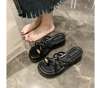 Platform Wedge Heel Toe-Loop Slide Sandals