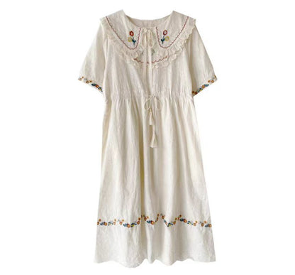 Short Sleeve Collared Floral Embroidered Bow Drawstring Waist Midi A-Line Dress