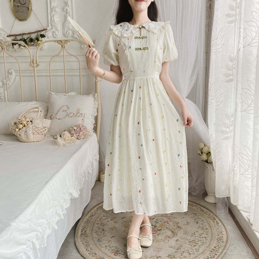 Short Sleeve Ruffle Collar Floral Embroidered Midi A-Line Dress