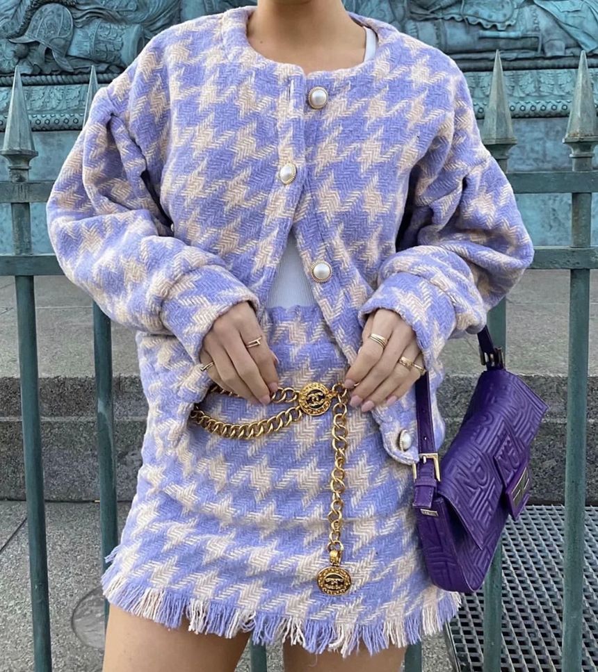 Set: Round Neck Houndstooth Button Jacket + High Waist Mini A-Line Skirt