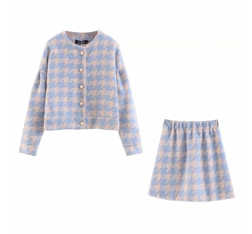 Set: Round Neck Houndstooth Button Jacket + High Waist Mini A-Line Skirt