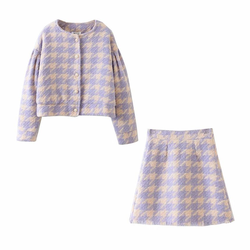 Set: Round Neck Houndstooth Button Jacket + High Waist Mini A-Line Skirt