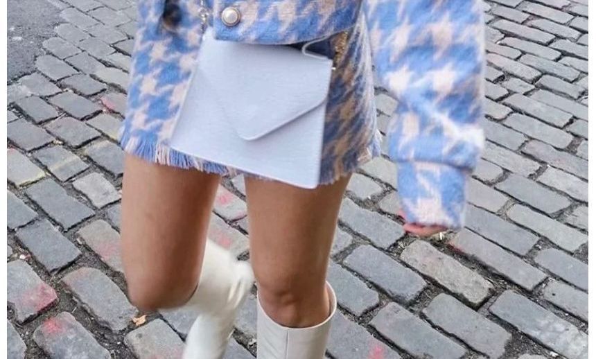 Set: Round Neck Houndstooth Button Jacket + High Waist Mini A-Line Skirt