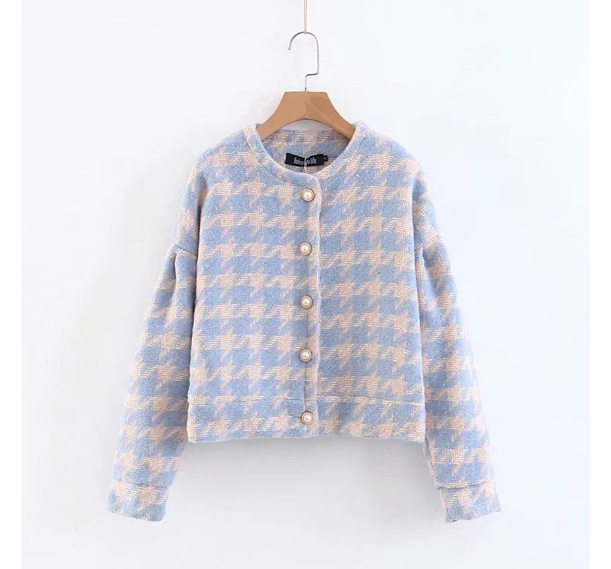 Set: Round Neck Houndstooth Button Jacket + High Waist Mini A-Line Skirt